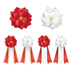 当選マークのような赤と白のリボン記章のイラストセット。タレ付き。白背景にベクターイラスト。