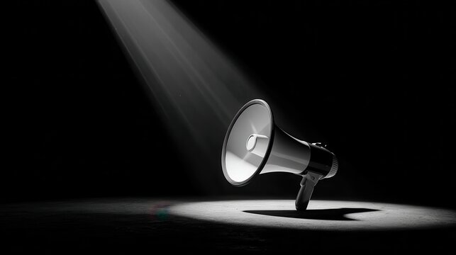 Megaphone on a dark surface with dramatic side lighting, creating a bold and impactful visual statement.