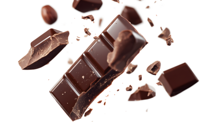 A chocolate bar is broken into pieces and scattered on a white background