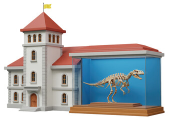 Isolated Museum Building with Dinosaur Fossil Exhibit Cartoon Style Illustration