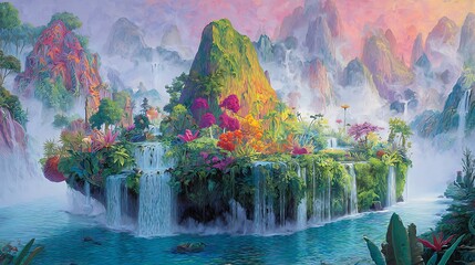 Floating islands with waterfalls in a vibrant landscape.