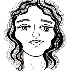 Stylized drawing of a girl's portrait. Black outline. Line art. White background. Young girl. Wavy hair drawn with wavy lines of different thicknesses. Sketch, doodle. Serous facial expression.