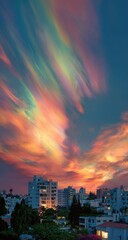 Fototapeta premium City skyline bathed in vibrant sunset, iridescent clouds