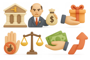 Financial icons set: bank, money, gift, justice, growth, stop hand, business