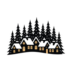 Fototapeta premium Winter Village Silhouette Illustration with Snowy Houses and Pine Trees Design