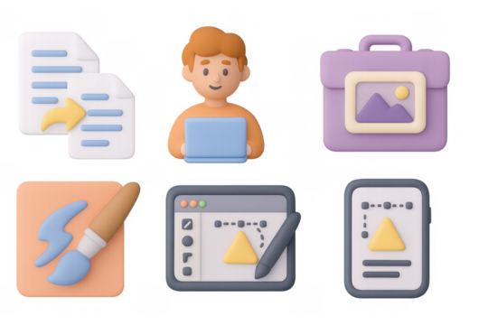 3d office and technology icons: laptop, briefcase, design tools, document, tablet