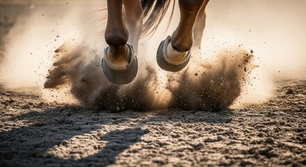 Close-up of horse hooves kicking up dust during gallop on dirt track