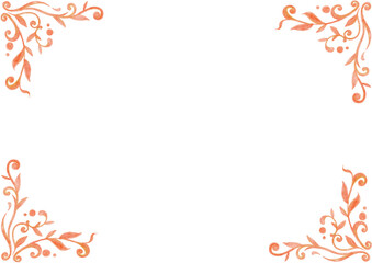 Frame. In each corner of the background there are patterns consisting of curls, leaves, circles. Different shades of red, orange. Gradient. Drawing with colored pencils. White copy space. Invitation.
