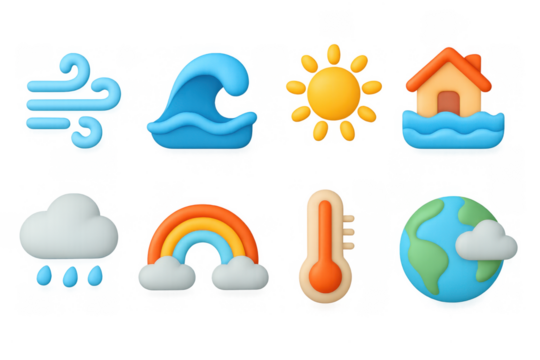 Colorful 3d weather icons set featuring sun, cloud, and earth - Powered by Adobe