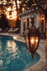 Ornate outdoor lantern by pool at sunset