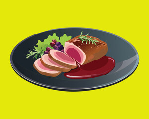 Slices of delicious roasted duck breast served on a black plate with red wine sauce and fresh grapes - Vector Illustration