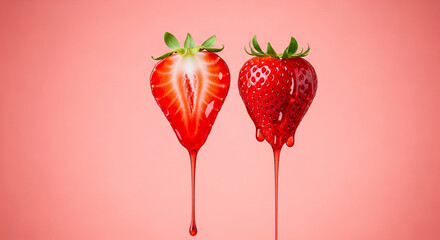 Studio-style shot of strawberry slice with syrup gloss and whole strawberry
