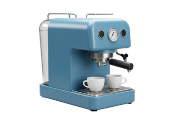 Isolated blue espresso coffee maker machine with two cups, nobody shown for a morning brew