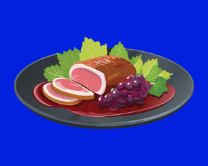 Slices of roasted pork with fresh grapes on a black plate, savory and elegant meat dish - Vector Illustration