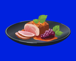 A succulent roast beef or ham platter with rich gravy and a garnish of fresh grapes - Vector Illustration