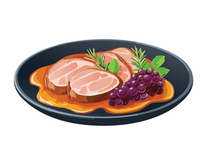 A delightful plate of roasted ham with fresh grapes and rosemary sprigs for a festive meal - Vector Illustration