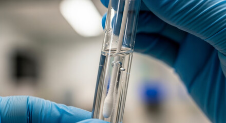 Hands in blue gloves holding a test tube with a COVID-19 swab sample for laboratory analysis and diagnosis