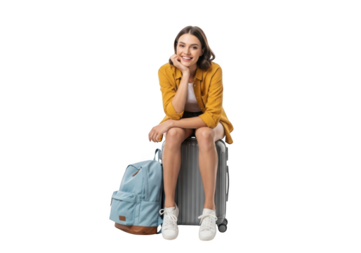 Young woman traveler with suitcase and backpack sitting and smiling, isolated on transparent background