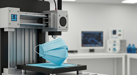 A 3D printer manufacturing a medical face mask in a modern lab or factory, symbolizing rapid production of protective gear