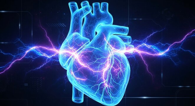 Dynamic digital human heart with vibrant electric energy, symbolizing advanced medical technology, health innovation, and vital care.