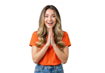 Excited young woman with blonde hair and blue eyes, wearing an orange tshirt and jeans, clasped hands together in anticipation, isolated on transparent background