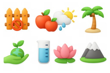 3d emoji style nature and environment icons with fence, fruit, weather, and eco elements