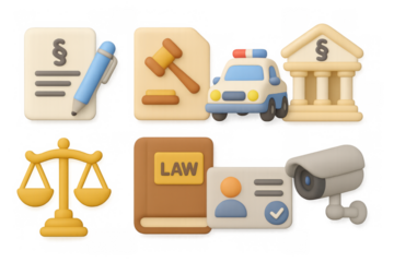Legal and law enforcement icons in 3d style featuring justice symbols and documents