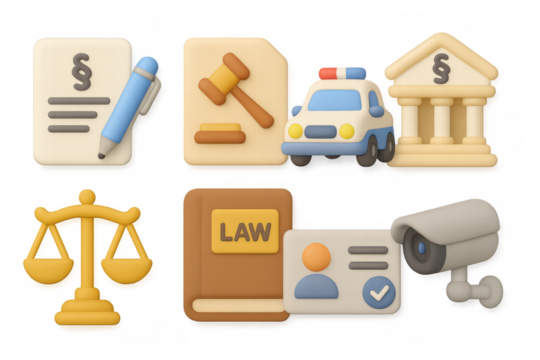 Legal and law enforcement icons in 3d style featuring justice symbols and documents