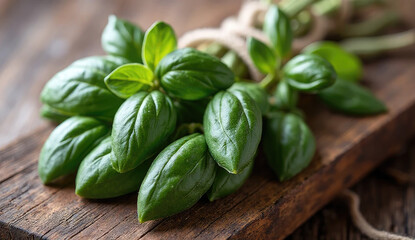 Fresh Basil Sprigs Tied with Hemp Cord on Wooden Board