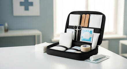 High resolution photograph of first aid kit placed on a hospital table with natural lighting and professional composition