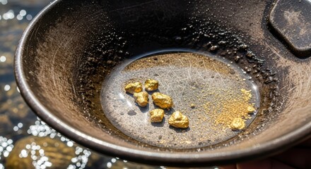 Gold nuggets in pan over stream highlighting panning and prospecting techniques