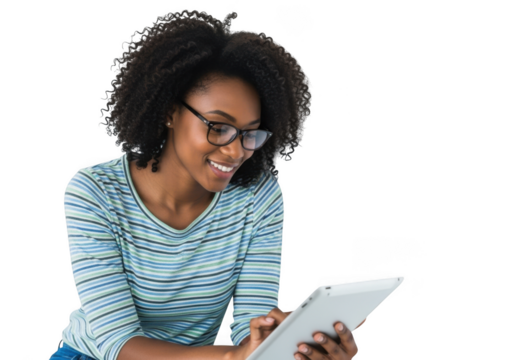 Young african american woman with curly hair and glasses wearing a striped shirt, smiling while looking at a tablet computer, isolated on transparent background - Powered by Adobe