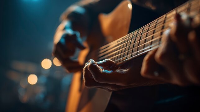 Hands playing acoustic guitar close up - Powered by Adobe