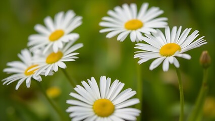 Close-up of fresh daisies with a soft green backdrop, natural light enhancing their delicate beauty.
