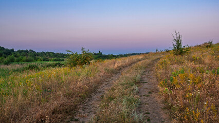 Fototapeta premium A dirt road winds up a grassy hill at twilight, bathed in the soft light of a colorful sunset.
