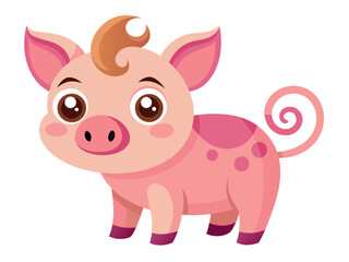 Cartoon piglet with curly tail isolated on white background, happy and cute