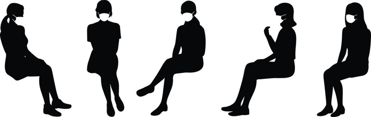 Silhouette, women, sitting, wearing masks, social distancing, pandemic safety, healthcare protection, medical precaution, COVID prevention, public health, safety awareness, quarantine lifestyle