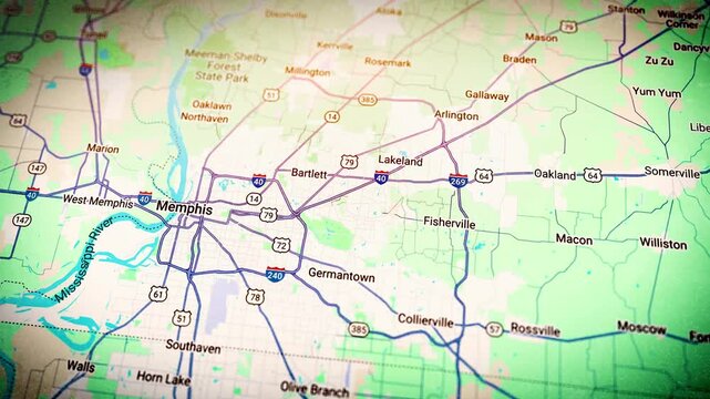 Motion graphic of Memphis showing river, roads, and districts. Ideal for travel and editorial use.