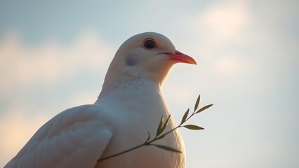 White dove holding an olive branch, bathed in golden sunlight against a soft blue sky.
