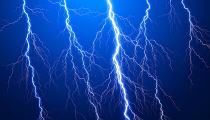 Powerful lightning strikes on dark blue background