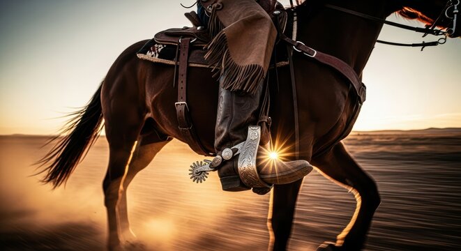 Close-up of cowboy riding horse in desert at sunrise