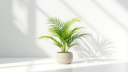 Fototapeta premium A potted areca palm plant sits in a bright white room with shadows on the wall behind it