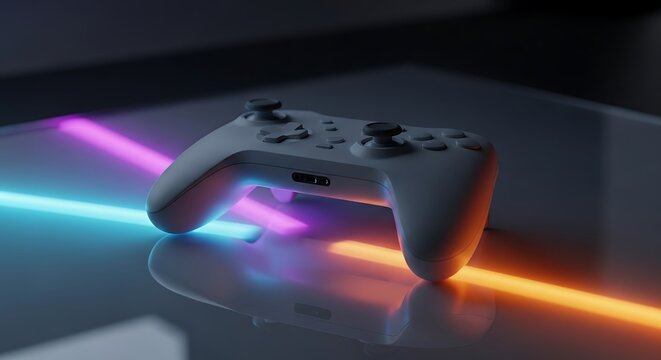 Close-up shot of a white wireless gaming controller resting on a reflective glass surface with neon lights.