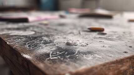 Naklejka premium A close-up of a dusty wooden table covered with chalk marks and scattered stationery, creating a nostalgic classroom atmosphere.