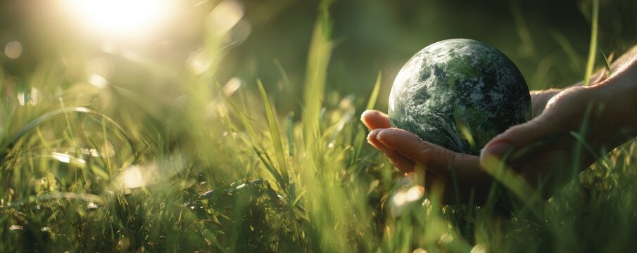 Earth held gently in hands amidst lush green grass, sunlit
