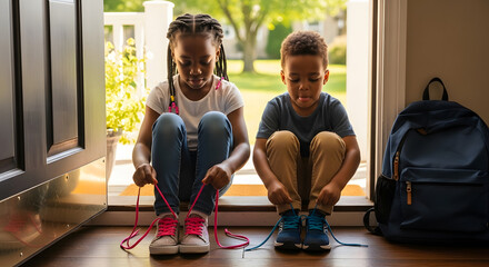 Two young children sitting in a doorway tying their shoelaces before going to school.