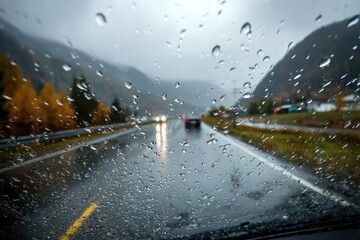 Rainy mountain road view through a car window