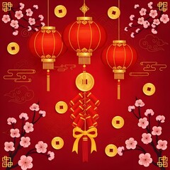 Vibrant Chinese New Year Celebration with Traditional Lanterns, Blossoms, and Symbols of Prosperity