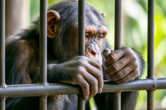 Very sad chimpanzee sits behind bars in a zoo enclosure reflecting captivity and animal welfare concer