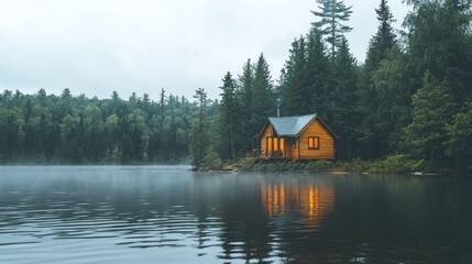 Obraz premium Serene lakeside cabin amidst tranquil forest during a misty morning landscape